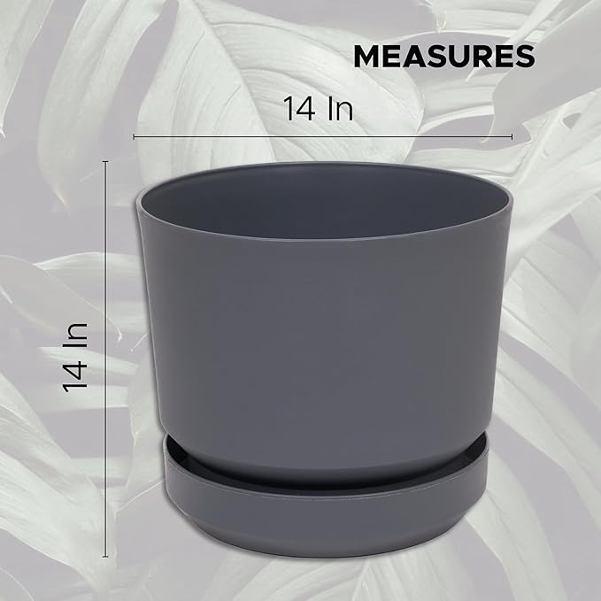 Elly Décor 14 inch Plastic Cylinder Planter Pot with Self-Watering Saucer and Drainage Hole,Lightweight & Extremely Durable, 14"x 14", Gray