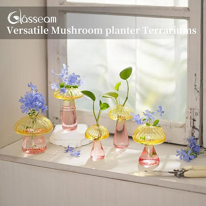 Glasseam Mushroom Plant Propagation Stations: Colored Glass Terrarium Jar Set of 5 Cute Planters for Indoor Plants Mini Propagate Station Unique Christmas Birthday Gifts for Women Home Office Decor