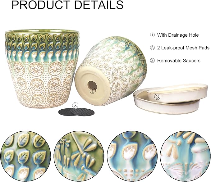 6 Inch + 5 Inch Ceramic Planter with Drainage Hole and Saucer for Plants, Indoor-Outdoor Round Succulent Orchid Garden Flower Pot - Set of 2