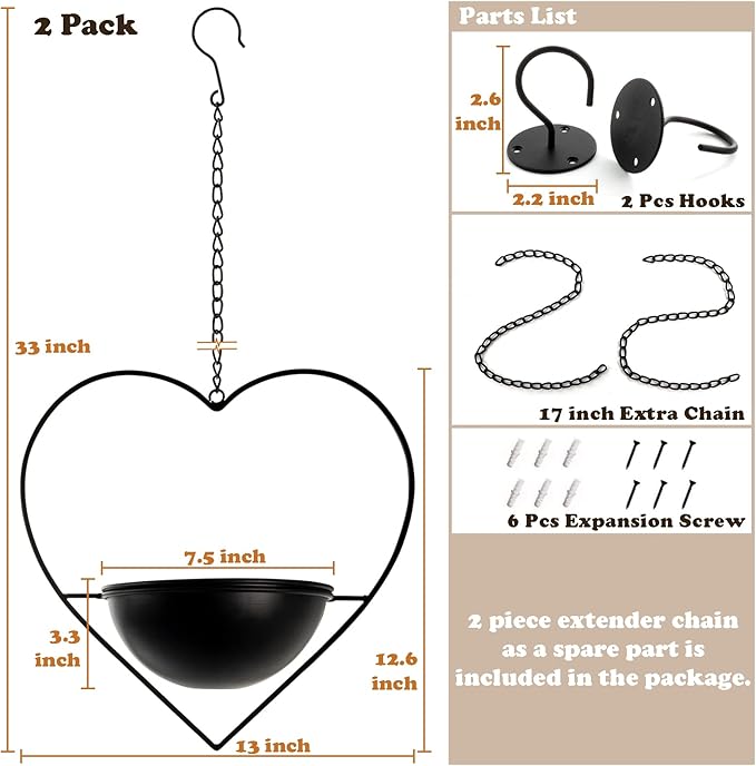 Hajia 2 Pack Heart Shaped Hanging Plant Holder with 7.5inch Detachable Pot, Black Metal Modern Hanging Planter for Indoor Outdoor, Minimalist Wall Ceiling Plant Hanger for Home Wedding Decor