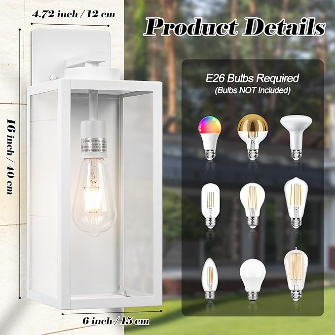 16-inch Large Outdoor Wall Light Fixture, White Exterior Wall Lantern Waterproof, Farmhouse Porch Sconce Lighting with Glass, Modern Outside Lights for House, Garage, Patio Lamp, 2 Packs