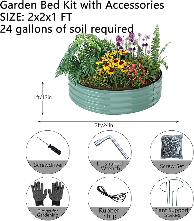 Galvanized Metal Planter Round Raised Garden Bed Kit for Gardening Outdoor，2x2x1ft Grow Garden Box Raised Flower Bed，Round Galvanized Planter Outdoor Metal Fire Pit Ring