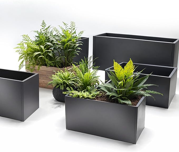 GSK Black Metal Planter Versatile Box with Drainage Holes Galvanized Painted Iron Flower Boxes for Indoor Outdoor Use Ideal Patio Balcony Garden Elevated Plant Bed