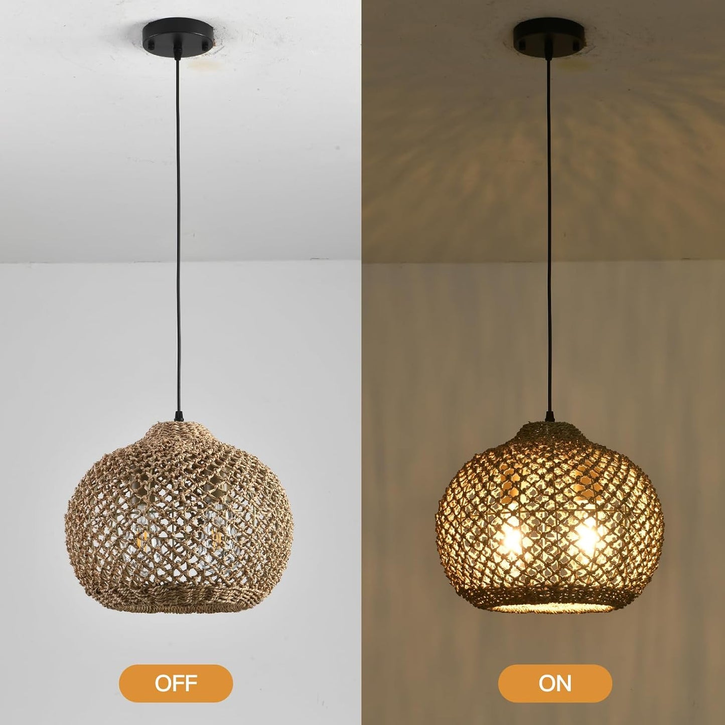 13.79" Rattan Pendant Light, Boho Handmade 2-Light Wicker Chandelier, for Kitchen Island, Bedroom, Dining Room, Entryway, Foyer