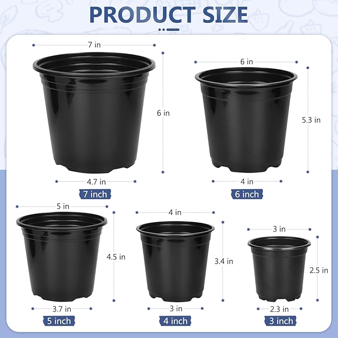 45 Pack 7/6/5/4/3 Inch Nursery Pots for Plants, Plastic Plant Pots with Drainage Holes, Variety Pack Flexible Garden Pot for Outdoor Indoor, Seed Starting Pots (Black)