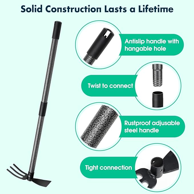 Hoe Garden Tool,45 Inch Long Garden Hoe and Cultivator, Garden Hand Tiller with Long Handle,Heavy Duty Garden Tools Hoe Cultivator for Gardening,Weeding, Tilling,Lossening Soil,Planting