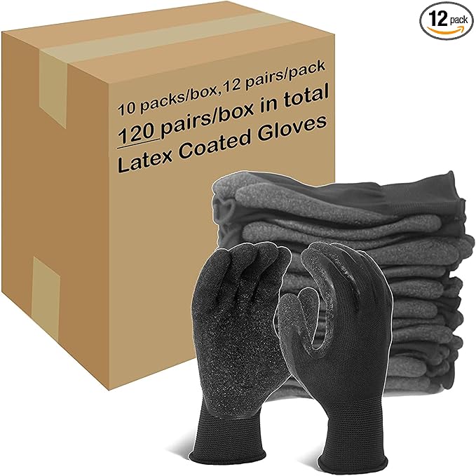 Evridwear Crinkle Latex Rubber Hand Coated Safety Work Gloves for Men Women General Multi Use Construction Warehouse Gardening Assembly Landscaping (XS-Size) 120 Pairs Pack