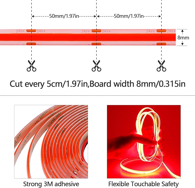 DC 24V COB LED Strip Light Red IP65 Waterproof 5M/16.4ft Uniform Glow 2400LEDs Flexible LED Tape Lights for DIY Garden Backyard Hallways Stairs Decor(No Power Supply)