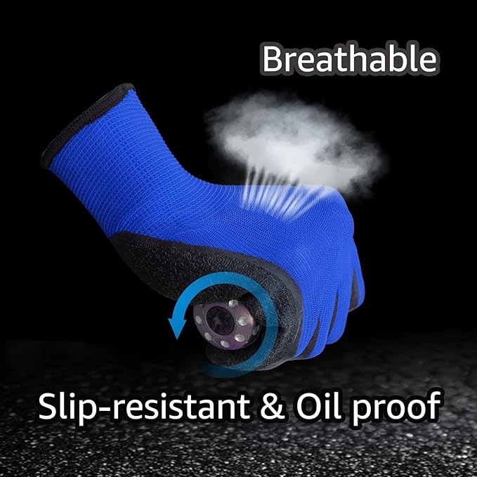 Evridwear Crinkle Latex Rubber Hand Coated Safety Work Gloves for Men Women General Multi Use Construction Warehouse Gardening Assembly Landscaping (L-Size) Blue 120 Pairs Pack