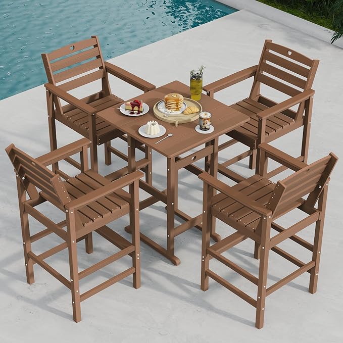 Adirondack Outdoor Bar Table, Durable HDPE Composite, Weather Resistant, Easy to Clean, Perfect for Backyard and Poolside Use, Teak