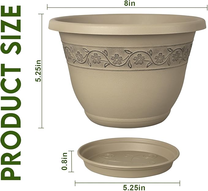 8 Inch Plant Pots with Drainage Hole - Lightweight Flower Pots for Herbs and Flowers - Home Decor Plastic Planters for Indoor Outdoor Plants- Pack of 6 (Brown, 8 inch)