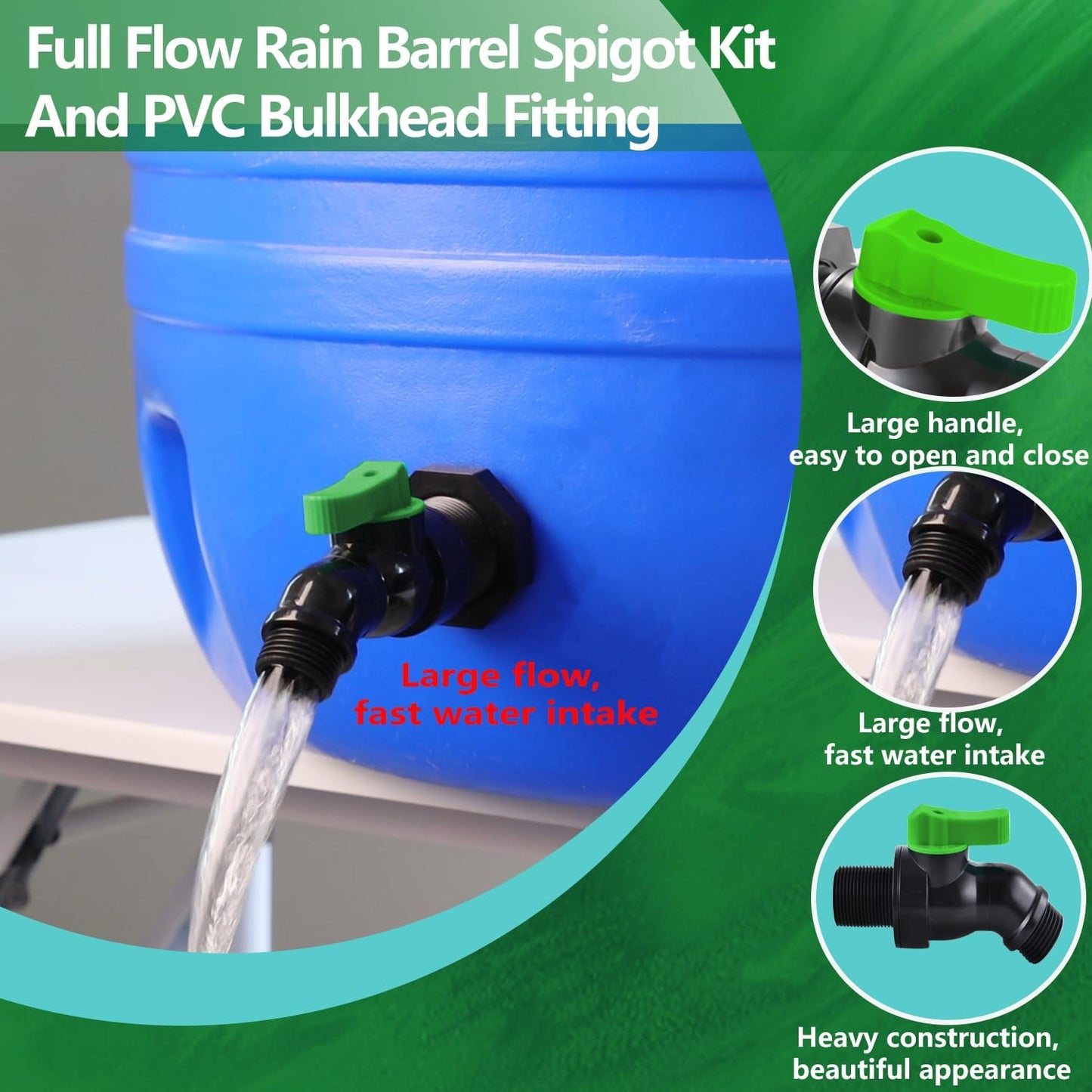 High Flow Rain Barrel Spigot Kit with Bulkhead Fitting，Rain Barrel Drain Valve for Rain Water Barrel, Water Tanks, 55 Gallon Drum ，3/4 GHT Outlet