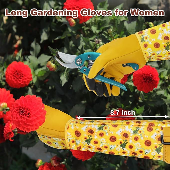 DLY Gardening Gloves for Women, Rose Gloves Gardening Thorn Proof, Long Garden Gloves for Women, Breathable Cowhide Leather Gauntlet (Large, Yellow