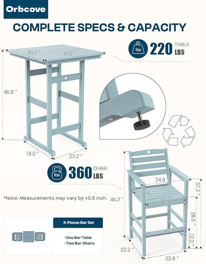 Adirondack Outdoor Bar Table, Durable HDPE Composite, Weather Resistant, Easy to Clean, Perfect for Backyard and Poolside Use, Light Blue