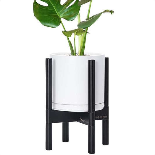 D'vine Dev Ceramic Planter with Ebony Stand - 8 Inch Modern Round Flower Pot with Wood Planter Holder, White, 55-B-M-1