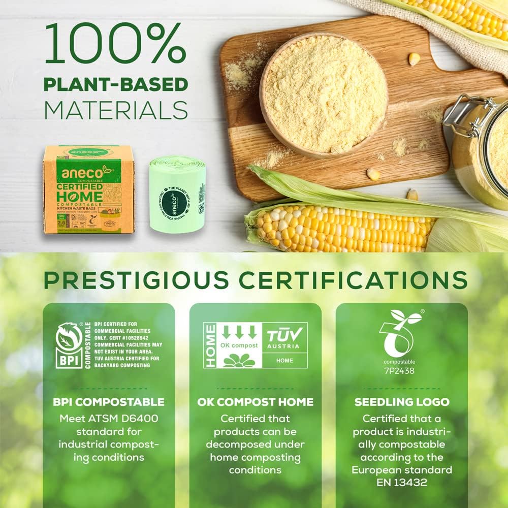 ANECO 100% Compostable Waste Bags 2.6 Gallon (Flat Top Bags, 50 Count) Extra Strong Kitchen Small Compost Bags for Countertop Bin (BPI & OK Compost HOME Certified)