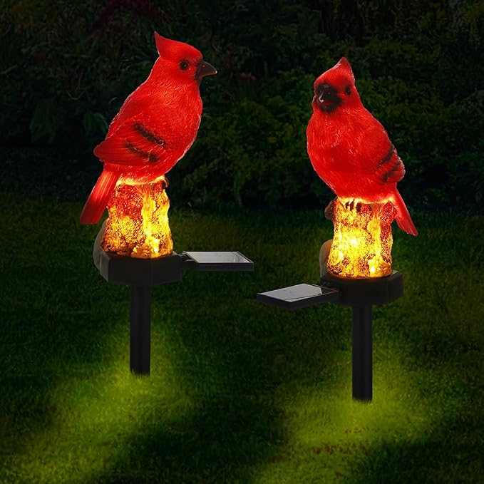 2 Pack Cardinal Solar Lights Cardinal Outdoor Decor Red Bird Solar Light Bird Figurine Garden Stake for Pathway Garden Lawn Yard Cemetery Decoration