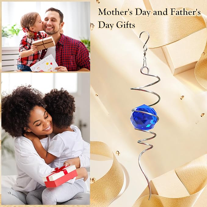 Gazing Ball Spiral Tail Wind Spinner with Sea Blue Crystal Orb, Wind Spinners Stabilizer with Hanging Swivel Hook, Sun Catcher Rainbow Maker Indoor & Outdoor Decoration Garden Gift 13" Height