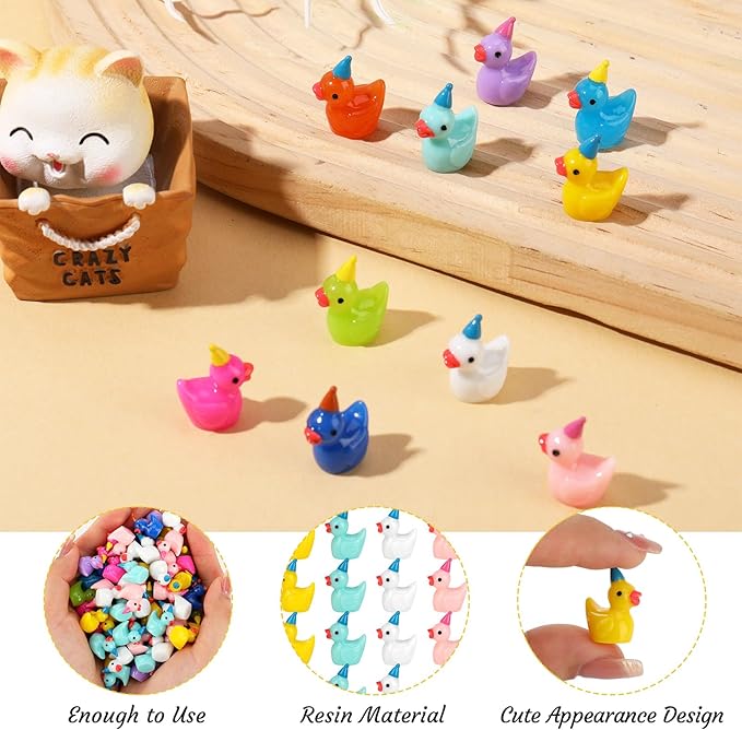 100 Pack Mini Resin Ducks, Multicolor Mini Ducks Wearing Party Hat, Tiny Duck Miniature Duck Figures Tiny Home Ornament for Micro Landscape Dollhouse Garden Aquarium Potted School Office
