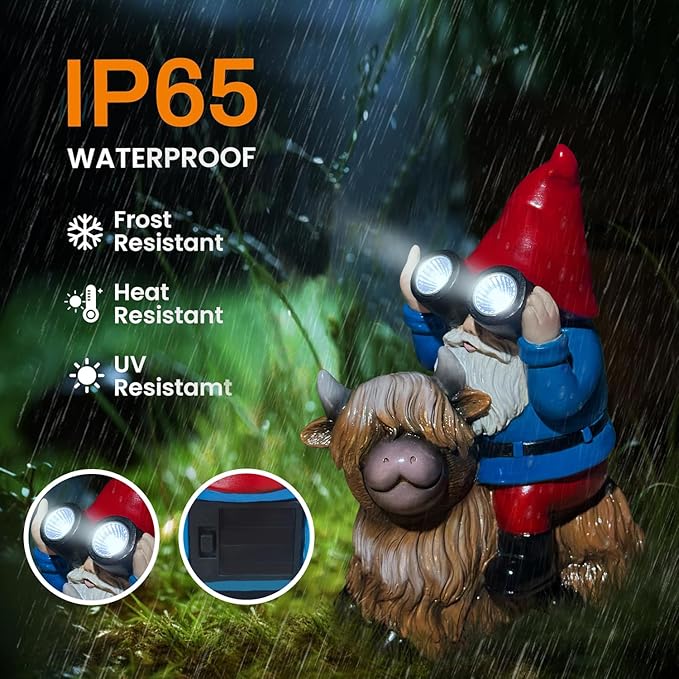 Gnome Garden Statue Solar Lights Outdoor Binoculars on Highland Cow,Birthday Gifts for Women/Men, Housewarming Gifts,Outdoor Decor for Balcony,Garden,Patio,Yard,Lawn(Cow Gnome)