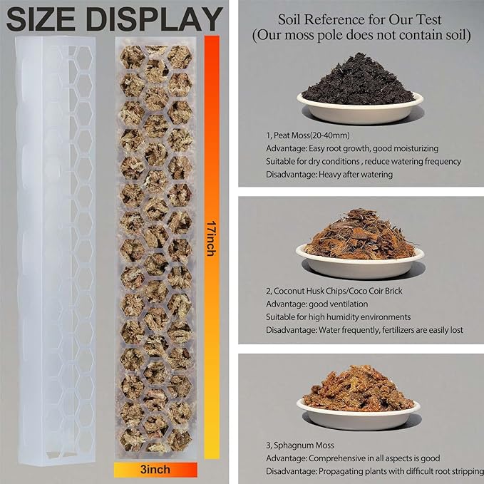 2 Pcs 17 Inch Clear Plastic Moss Pole for Plants Monstera, Designed Specifically for Climbing Plants, Stackable Plant Support for Indoor Plants Work with Sphagnum Moss