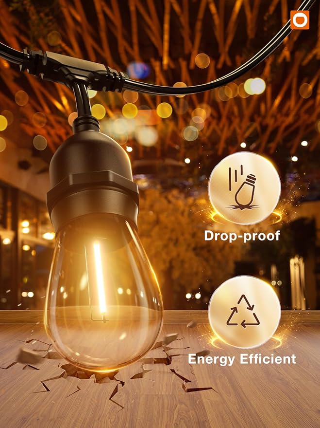 addlon 48FT LED Outdoor String Lights with 25 Edison Vintage Shatterproof Bulbs and Commercial Grade Weatherproof Strand - ETL Listed Heavy-Duty Decorative Lights for Patio Garden