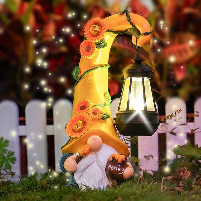 12" Solar Gnome Garden Statues Honey Bee jar Decor with LED Lantern Outdoor Spring Gnomes Decorations Patio Yard Balcony Art Gifts for Women Mom Grandma
