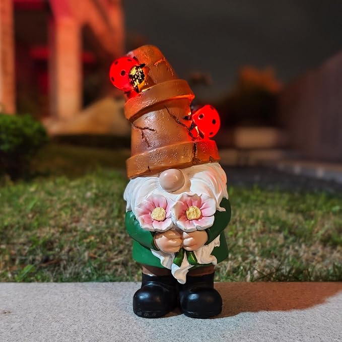 Garden Gnome Statues Outdoor Decor, Solar Gnomes with LED Lighted Flowers, Solar Resin Outdoor Statue Sculpture, for Woman Gift Home and Garden Decor
