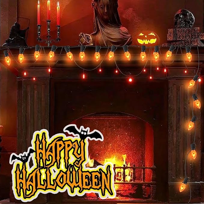 Flickering Flame String Lights with 27 C7 Clear Orange Flame Blubs (2 Spare), 25FT Vintage String Lights for Indoor Outdoor Halloween Decorations Party Black Wire