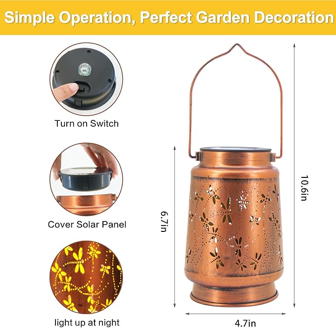 Dragonfly Solar Lanterns Outdoor Hanging, Hollowed-Out Metal Waterproof LED Garden Decor Light for Patio Yard Pathway Lawn Front Porch Tree, Christmas Thanksgiving Birthday Gifts for Women Mom Grandma