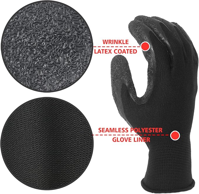 Evridwear Crinkle Latex Rubber Hand Coated Safety Work Gloves for Men Women General Multi Use Construction Warehouse Gardening Assembly Landscaping (XXL-Size) 12 Pairs Pack