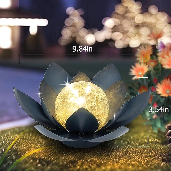 Huaxu Solar Lights Outdoor Garden Decor Crackle Glass Globe Lotus Flower Gray Metal Waterproof Light for Patio, Lawn, Walkway, Tabletop, Ground,Christmas Gifts for Mom,Women