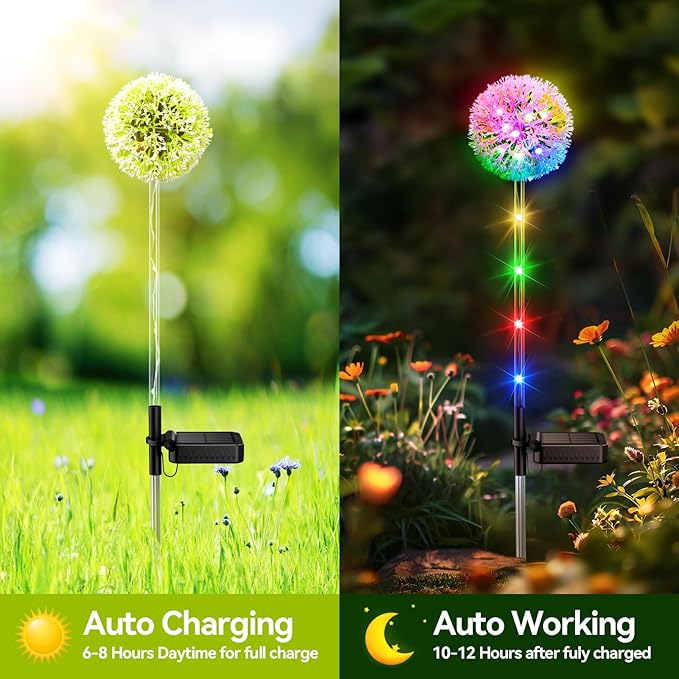 4 Pack Dandelion Solar Outdoor Lights Decorative with Colorful String Lights, Upgraded Waterproof Solar Garden Decor for Yard, Patio, Landscape Decoration