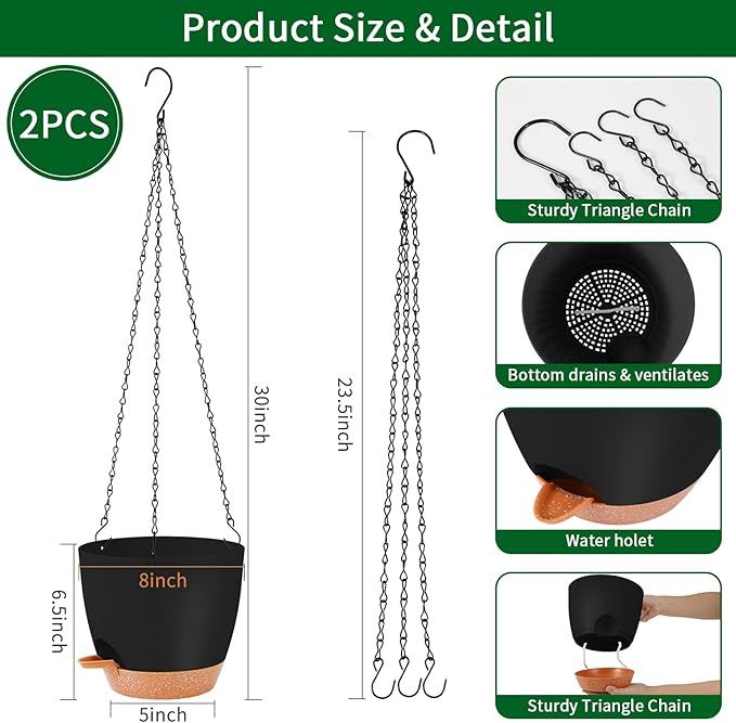 GARDIFE Hanging planters for Indoor Plants, 8 inch Hanging Planter, Self Watering Plant Pot, 2 Pack self Watering Hanging Planter, Black