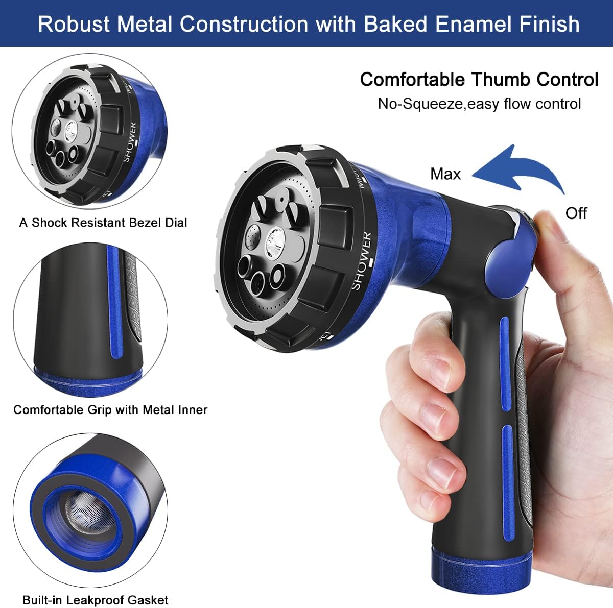 FANHAO Garden Hose Nozzle 100% Heavy Duty Metal Water Hose Sprayer with 8 Spray Patterns, High Pressure Spray Nozzle with Thumb Control, On Off Valve for Watering Plants, Washing Cars & Pets, Blue