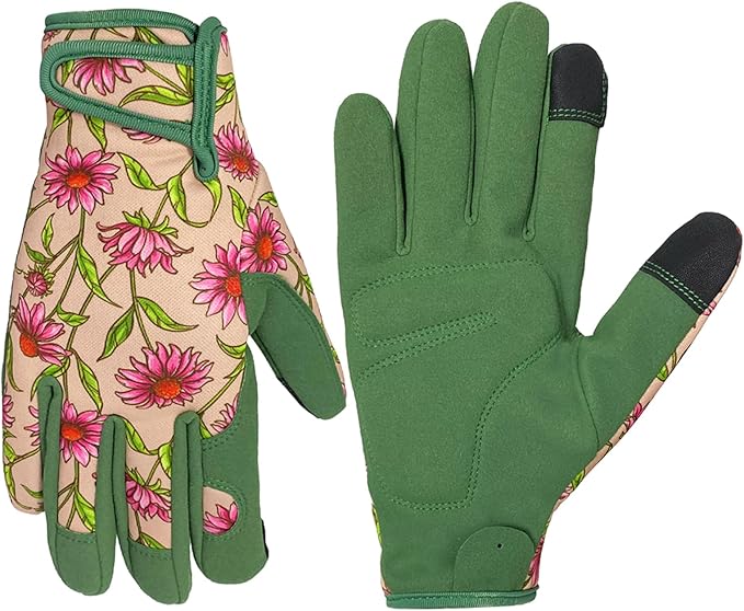 Gardening Gloves for Women, Garden Gloves with Touch Screen, Thorn Proof Puncture Resistant Working Gloves, Gardening Gifts for Women (Green with Pink Flowers, Medium)