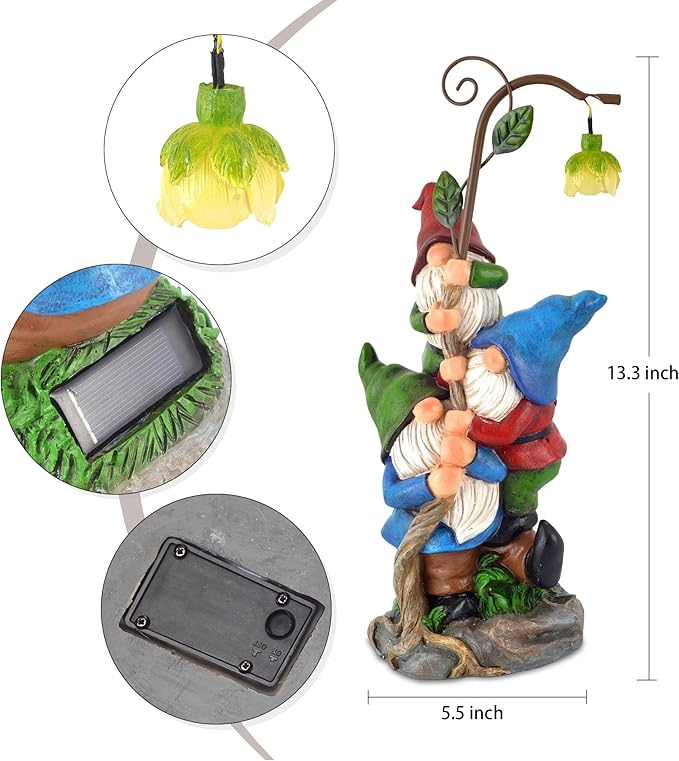 Gnome Figurine Garden Decor, Solar Resin Gnomes Outdoor Statue, Funny Gnome Gift Sculpture Decoration for Home Patio Yard Lawn Porch Ornament