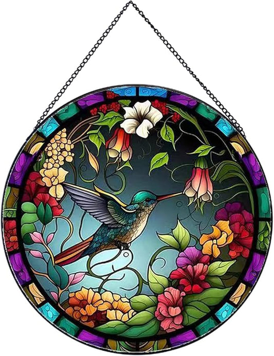 Hummingbirds and Flowers Pattern Suncatcher Stained Glass,Hanging Stained Glass for Windows,20cm/7.87inch Hand-Painted Sun Catcher Garden Hangings Painted Glass Panel Decor Themed Gift