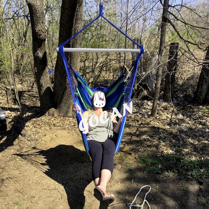 Hammock Chair Large Hammock Swing, 110 x 150cm Load 150kg, Cotton Hammock Chair Metal Spread Bar Wide Seat Swing Chair(Blue)