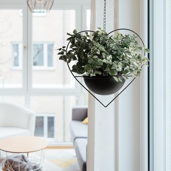Hajia 2 Pack Heart Shaped Hanging Plant Holder with 7.5inch Detachable Pot, Black Metal Modern Hanging Planter for Indoor Outdoor, Minimalist Wall Ceiling Plant Hanger for Home Wedding Decor