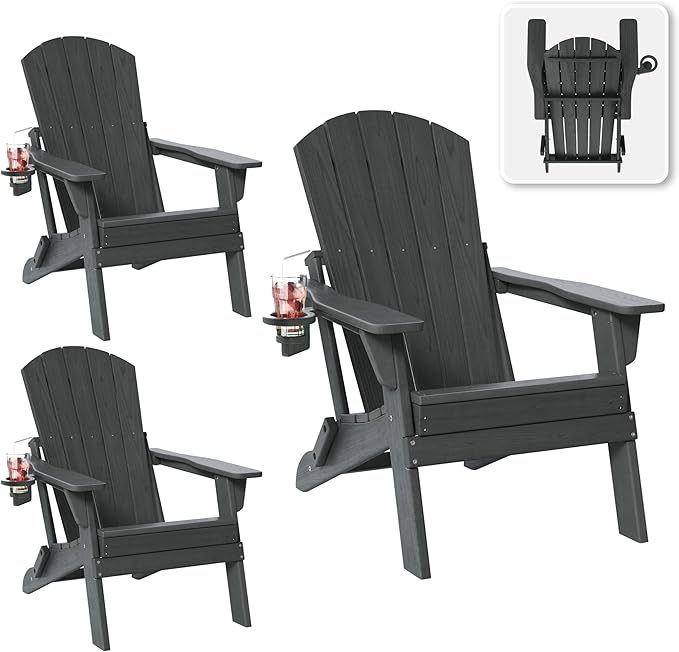 Folding Adirondack Chair Set of 3 with Cup Holder, HDPE All Weather Resistant Plastic Outdoor Patio Chairs, Heavy Duty Fire Pit Seating for Backyard Lawn Garden, Wooden Textured Design(Gray)