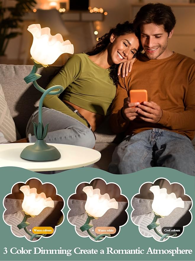 Flower Table Lamp,LED Reading Light Bedside Vintage Flower Night Light,3 Colors Modes Kawaii Bedside Lamps Decor,Living Room Bedroom Room Lighting Table Lamps Home Decoration (Green)