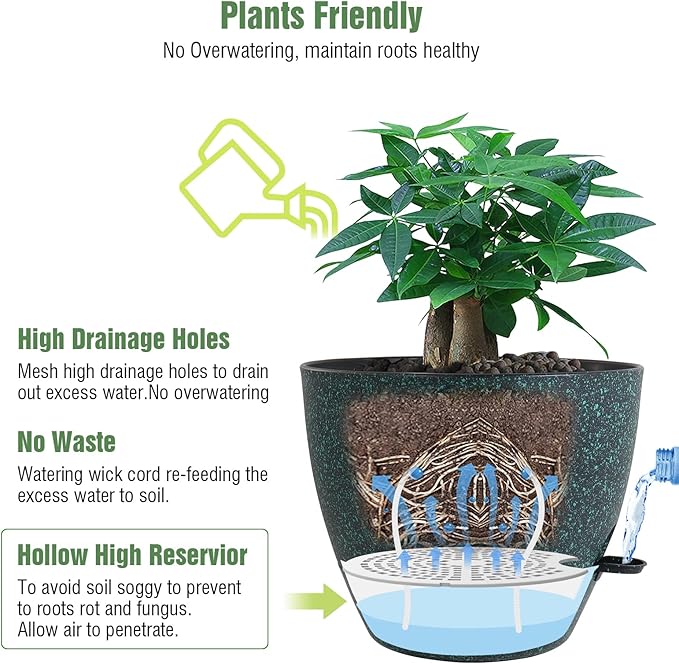 12 inch Large Self Watering Pots, Plastic Planters with 60oZ Removable Deep Reservoir and Multi Mesh Drainage Holes for Indoor Outdoor Garden Plants and Flowers, Black with Green Speckles