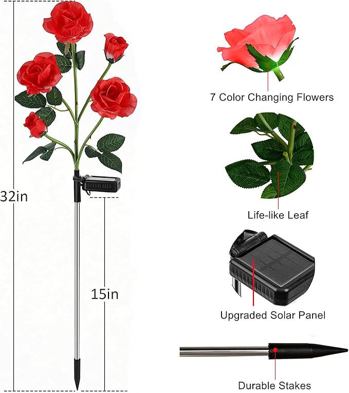 ANGMLN 2 Pack Solar Garden Lights, Solar Flower Lights Outdoor Waterproof with 10 Head Red Rose 7-Color Changing Landscape Light for Pathway Garden Patio Yard Valentine's Day Christmas Decoration