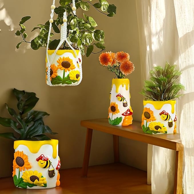 GUGUGO 8Inch Colorful Bees and Sunflowers Plant Pots, Cute Unique Succulent Planters with Drainage, Rainbow Small Mushrooms Flower Planters Pots for Indoor Plants, Funny Eclectic Home Decor