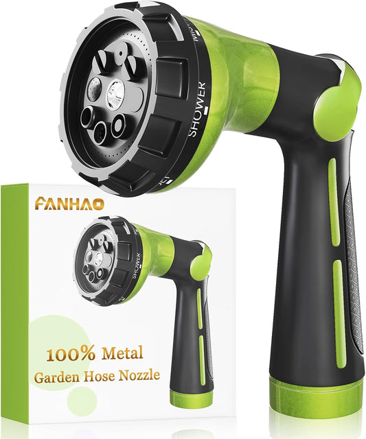 FANHAO Garden Hose Nozzle Heavy Duty, 100% Metal Water Hose Sprayer with 8 Spray Patterns, High Pressure Spray Nozzle Thumb Control On Off Valve for Lawn & Plant Watering, Car & Pet Washing - Green