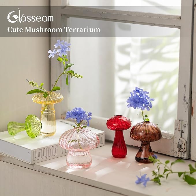 Glasseam Mushroom Planter Propagation Vase, Set of 10 Glass Terrariums for Plants, Cute Hydroponic Small Planter, Colored Propagate Station, Decorative Bud Vases for Flowers, Unique Gifts for Women