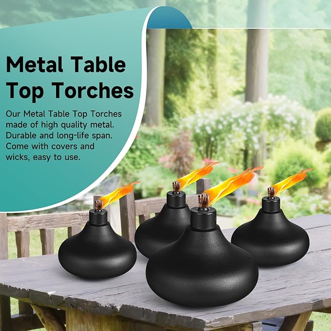 4 Pack Metal Table Top Torches,24.5 oz Citronella Torches for Outside,Refillable Flame Light Torch with Wicks and Covers, Landscape Lanterns Torches for Party, Garden Decor,DIY