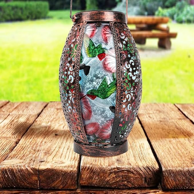 Hummingbird Solar Lanterns Glass & Metal Hanging Lantern Outdoor Waterproof 16" H Tabletop Light with Hollowed-Out Design for Garden Patio Table Decor Mother's Day Gift