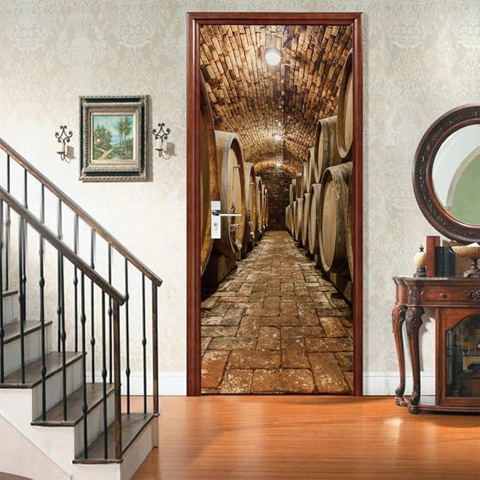 3D Door Stickers Murals Peel and Stick - Wine Cellar - Door Decals Wallpaper Self-Adhesive Removable PVC Waterproof Poster for Bedroom Living Room Decoration 30.3 x 78.7 inch